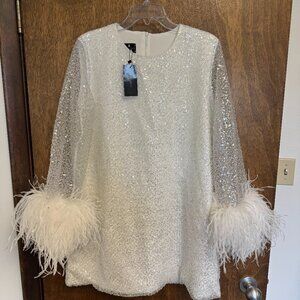 CULT MIA JOAMMA ANDRAOS Enchanted Ombre Silver to White Dress w/ Feather Sleeves